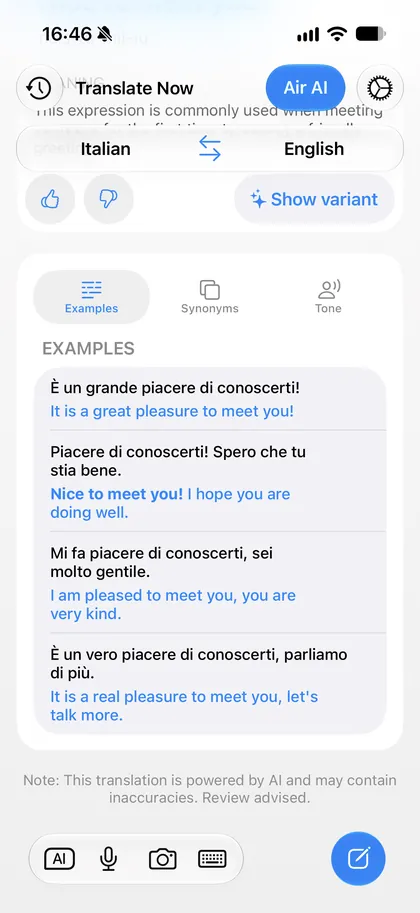 Translate Now screen: examples of a translated phrase