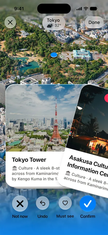 Vibn Around screen: Tokyo place swipe deck
